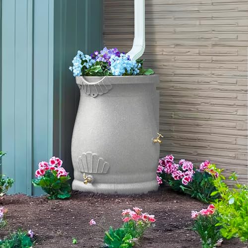 Good Ideas Rain Wizard 50 Gallon Rain Saver Barrel Water Storage Urn with Planter Space and 2 Brass Spigots Oak