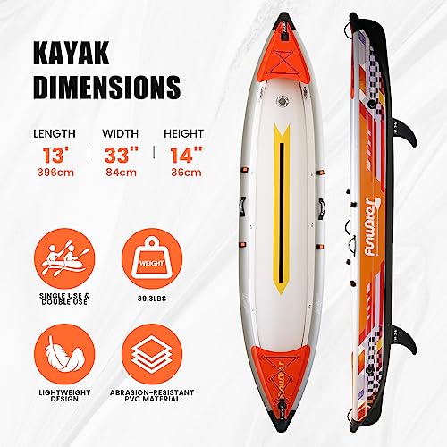 FunWater Inflatable Fishing Kayak 13’X33”X14” Portable Recreational Kayak Orange/White