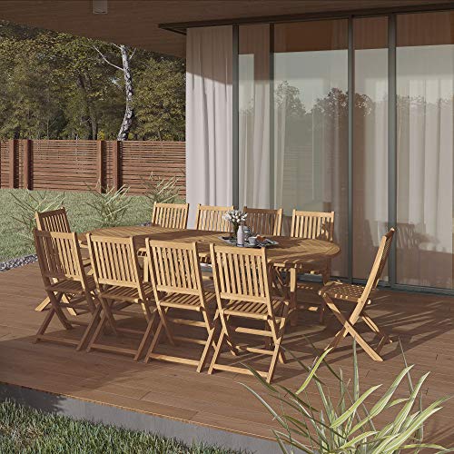 Amazonia Bergen 11-Piece Outdoor Oval Dining Set Certified Teak Light Brown