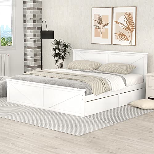RORIGAT King Size Platform Bed with Storage Drawers White