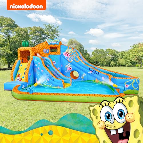 SUNNY & FUN Spongebob Deluxe Inflatable Water Slide Park with Climbing Wall & Splash Pool