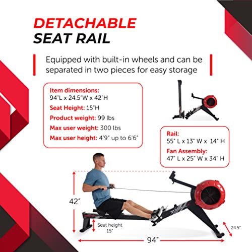 Stamina X AMRAP Rower Machine with Smart Workout App - Foldable Rowing Machine, Black, Red