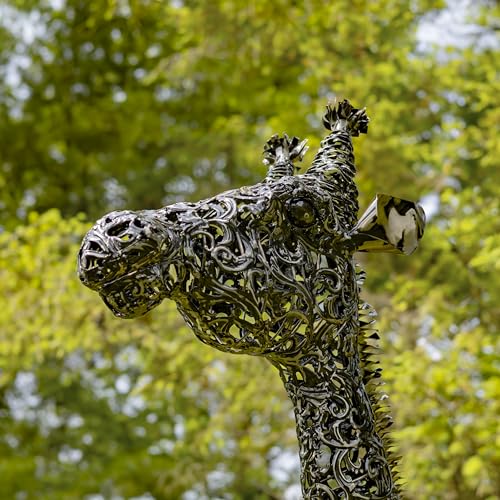 Zaer Ltd. 9 Ft Tall Mommy and 7 Ft Tall Baby Giraffe Iron Garden Statues Metallic Black and Silver