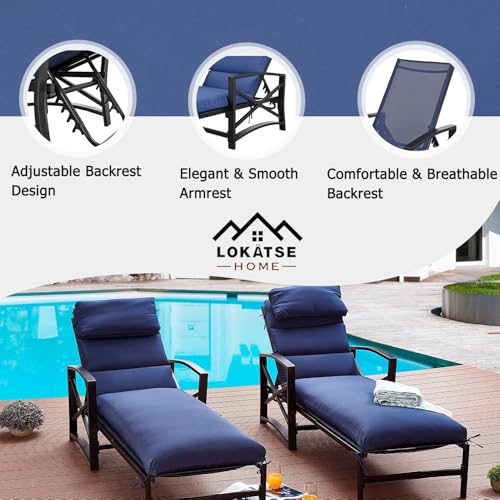 LOKATSE HOME Patio Chaise Lounge Chairs Set of 4 Adjustable with Cushion and Pillow Blue