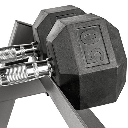 XMark Rubber Hex Dumbbell Weights Set 10 Pair 5-50 lbs With Storage Rack Black