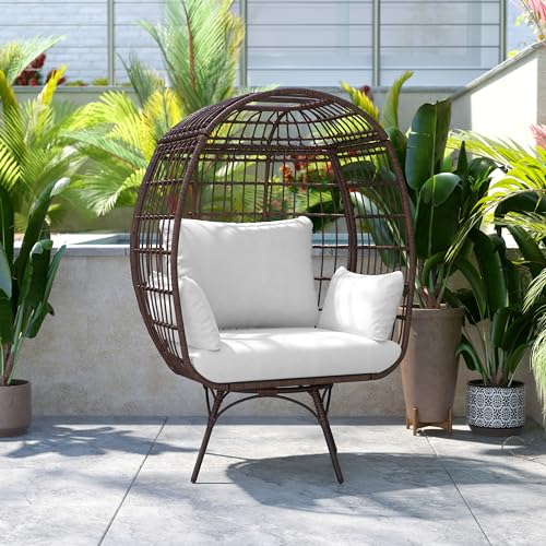 Flash Furniture Zola Oversized Wicker Egg Chair with 360° Swivel, High Back, 4 Cream Cushions/Brown Frame