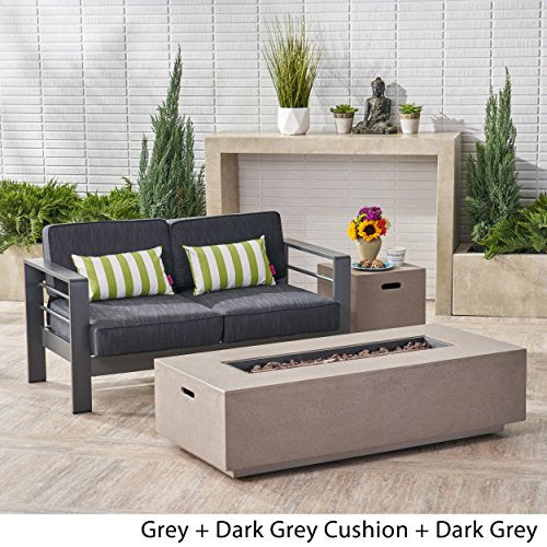 Great Deal Furniture Outdoor Loveseat and Fire Pit Set Grey with Dark Grey Cushions