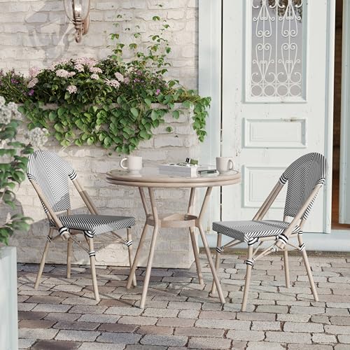 Flash Furniture Marseille Indoor/Outdoor Bistro Set - Tempered Glass Table & 2 Chairs - Black & White Textilene/Light Natural Frame