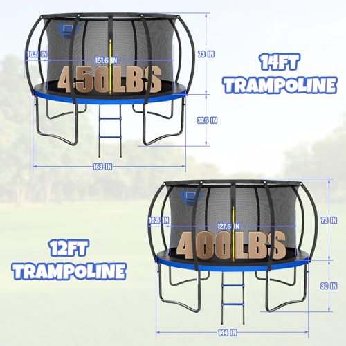 Kiivakii Outdoor Trampoline with Basketball Hoop & Enclosure Net, 12FT/14FT, Blue