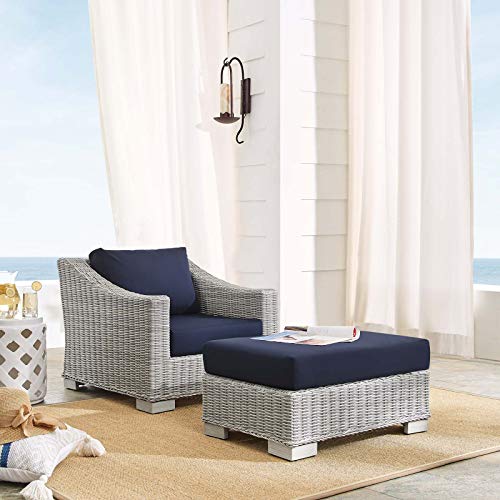 Modway Conway Sunbrella Outdoor Patio Wicker Rattan 2-Piece Armchair and Ottoman Set Light Gray Navy