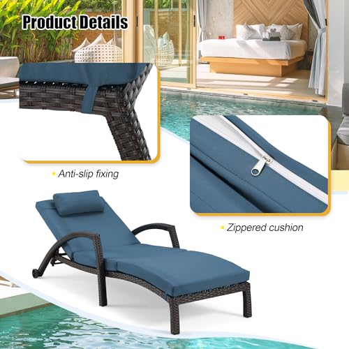 HOMREST Chaise Lounge Chairs Set of 4 PE Rattan Wicker Adjustable Dark Blue