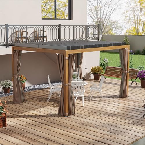 Outsunny 10' x 13' Louvered Pergola Hardtop Gazebo with Adjustable Aluminum Roof, Natural Wood