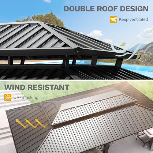 DWVO 12x20ft Hardtop Gazebo Double Roof with Nettings and Curtains Gray