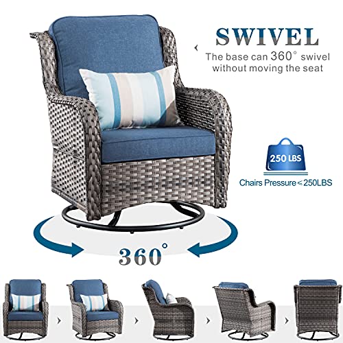 Generic 6 Piece Outdoor Patio Furniture Set Wicker Conversation Bistro Set with Swivel Rocking Chairs and Side Table Denim Blue