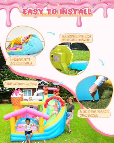 Doctor Dolphin Inflatable Bounce House Ice Cream Doughnut Party with Blower, Slide & Ball Pool Pink and Yellow