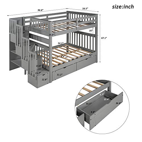 Harper & Bright Designs Full Over Full Bunk Bed with Storage Drawers and Stairway Grey