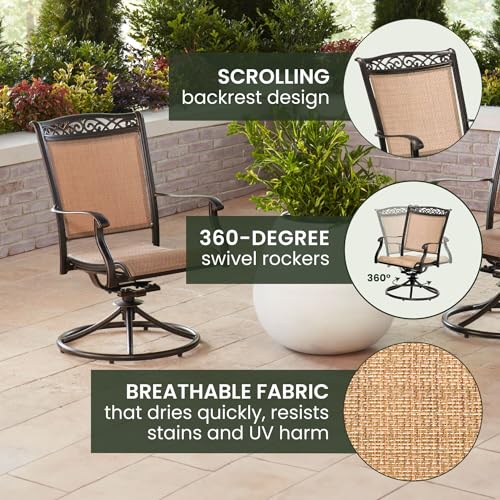 Hanover Fontana 5-Piece Patio Dining Set with Tan Sling Swivel Rocker Chairs and 48" Round Table