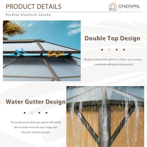 oneinmil 12'x20' Hardtop Gazebo with Netting and Curtains, Aluminum Frame, Heavy Duty Canopy for Patio, Backyard, Lawn Brown