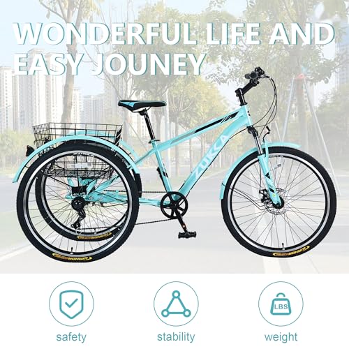 KOZYSFLER Adult Tricycle 7-Speed with 26-Inch Wheels, Wide Saddle, Rear Basket Green