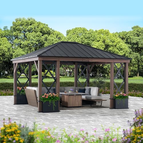 SummerCove Hardtop Gazebo 13ft x 15ft Black Steel Roof with Planters and Ceiling Hook
