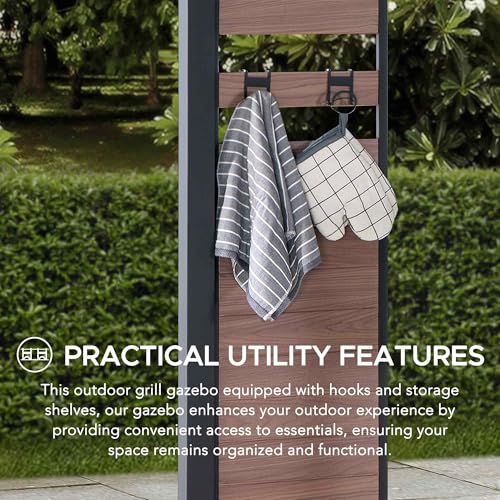 Sunjoy 7 x 9 ft. Grill Gazebo 2-Tier Hardtop Pergola with Ceiling Hooks and Storage Shelves Black