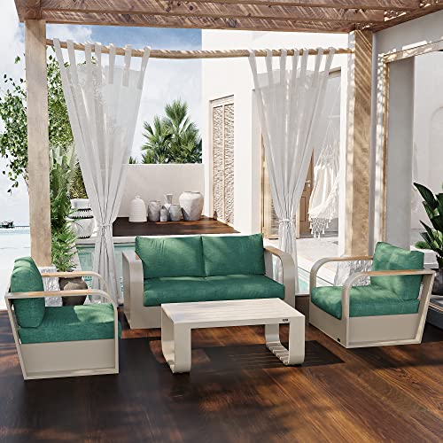 EAST OAK Signature 4-Piece Patio Furniture Set Aluminum Teak Wood Sofa Coffee Table Champagne & Green