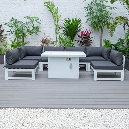 LeisureMod Chelsea 7-Piece Outdoor Patio Conversation Set with Fire Pit Table Black