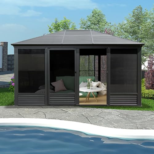 ANTSKU 11.2x14.6 FT Hardtop Gazebo with Galvanized Steel Roof Gray