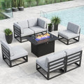 LayinSun Large Aluminum Patio Furniture Set with Fire Pit Table, 7 Pieces Outdoor Sectional Sofa Set Black/Light Grey