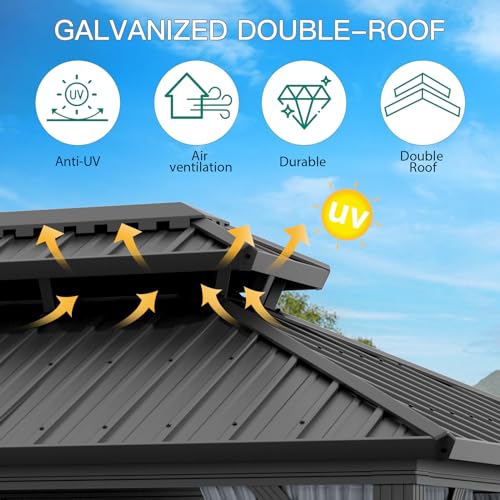GAOMON Hardtop Double Roof Gazebo with Netting and Curtains Gray