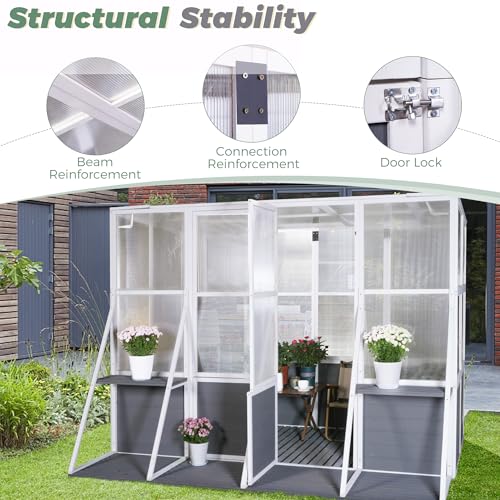 CIATRE Wooden Lean-To Greenhouse, Heavy Duty Outdoor Walk-In Garden Shed, White+Gray