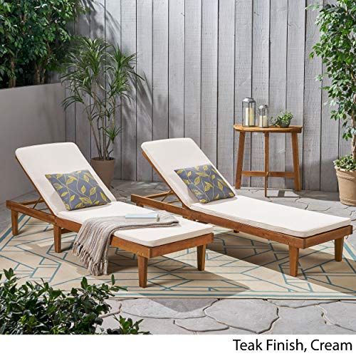 Christopher Knight Home Madge Outdoor Chaise Lounge with Cushion Set of 2 Teak Finish Cream