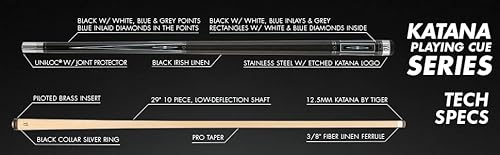 KATANA KAT16 Pool Cue Black with Blue & Grey Inlays 18oz