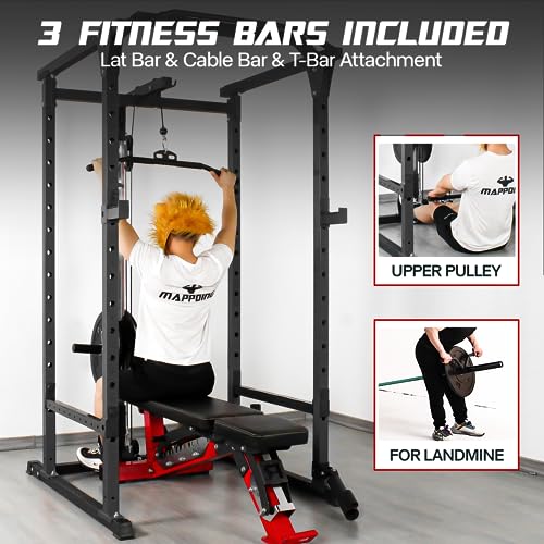 Mappding Power Cage Black Multi-Functional Power Rack with J-Hooks, Dip Handles, Landmine Attachment and Cable Pulley System Q2 Black