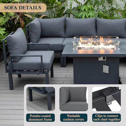 LeisureMod Chelsea Outdoor Patio 7-Piece Conversation Set with Fire Pit Table Black