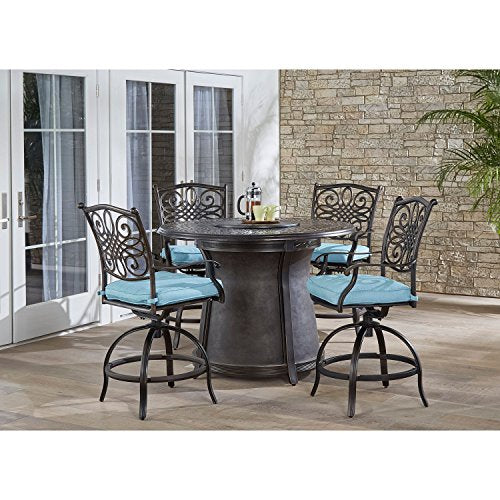 Hanover Traditions 5-Piece Outdoor Dining Set with Fire Pit and 4 Swivel Chairs Blue