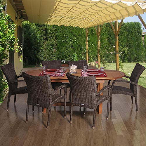 Amazonia Deluxe 7-Piece Patio Extendable Dining Set Eucalyptus Wood and Wicker Chairs Light Brown and Dark Brown