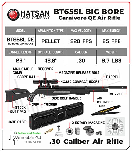 Wearable4U Hatsan BT 65 SL QE Big Bore Carnivore .30 Cal PCP Air Rifle Bundle w/Scope, Targets & Pellets