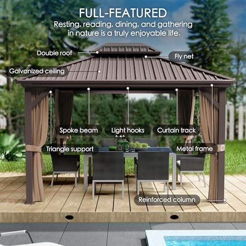 Kozyard Caesar 12'x16' Hardtop Gazebo with Netting and Curtains Brown