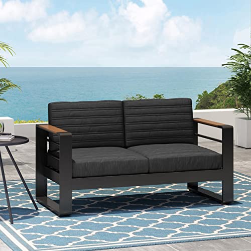 Christopher Knight Home Giovanna Outdoor Loveseat Dark Gray Natural Black Anodize