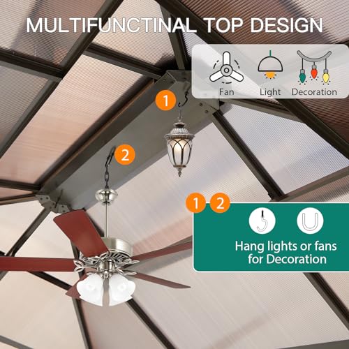 Agrestem 10X13 FT Outdoor Polycarbonate Hardtop Gazebo with Netting and Sunshade Curtains, Grey