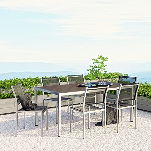 Modway Shore 7-Piece Aluminum Outdoor Patio Dining Table Set Silver Black