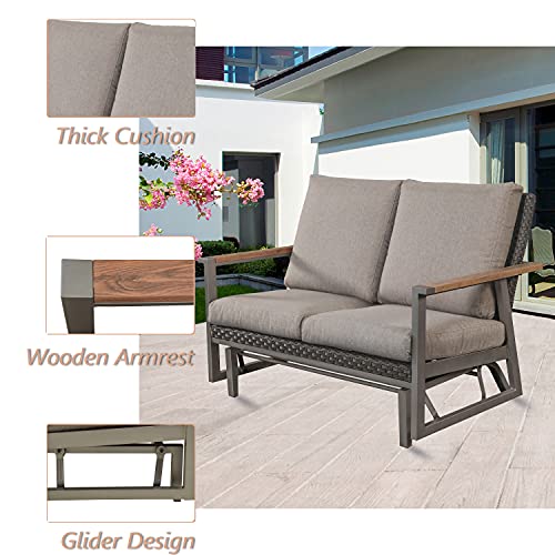 LOKATSE HOME Patio Glider Loveseat Steel Frame 2-Person Bench with Rattan Backrest Grey Cushion