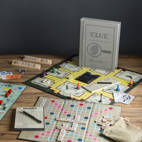 WS Game Company Vintage Bookshelf Board Games Collection Modern Burlap