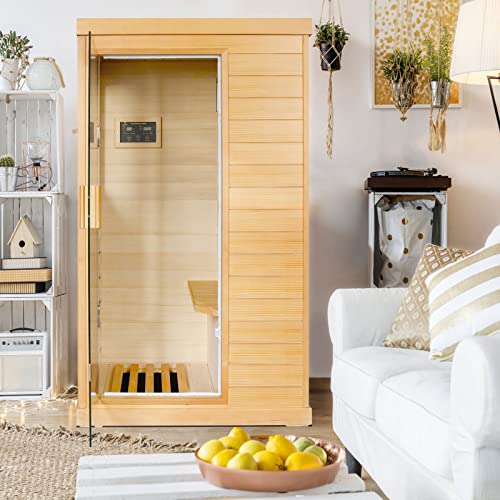 OUTEXER Far Infrared Sauna Canadian Hemlock Wood Indoor 800W with Control Panel Wood Color
