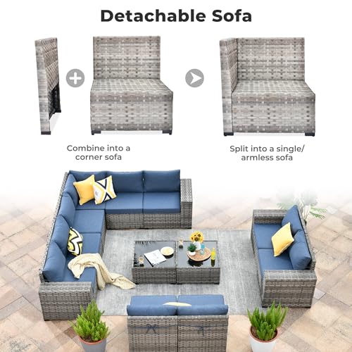 Ovio 12 Pieces Outdoor Sectional Sofa Set with Comfy Cushions Denim Blue