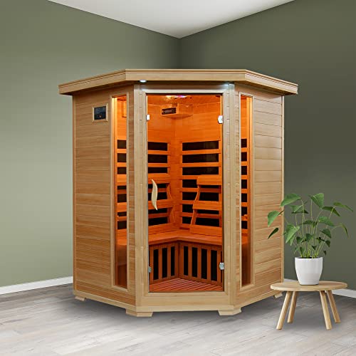 Blue Wave 3-Person Hemlock Corner Infrared Sauna w/ 7 Carbon Heaters Brown