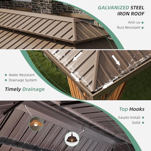 Jolydale Sonegra 12' x 20' Permanent Hardtop Gazebo Aluminum Frame with Curtains & Netting Brown