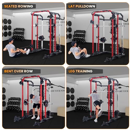 GarveeLife Power Cage Smith Machine Multi-Functional Rack with Lat Pulldown Red