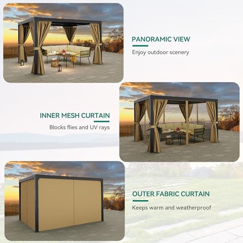 YITAHOME 10x13ft Louvered Aluminum Pergola with Adjustable Roof and Netting Brown